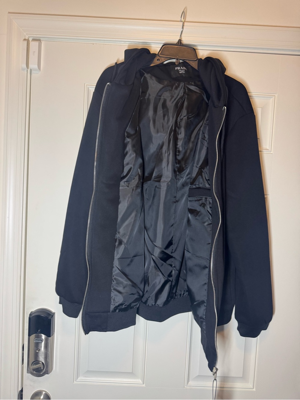 Black Hooded Bomber Jacket. No Brand. Approx.25.5 inches Wide when Zipped Close. - Picture 3 of 11